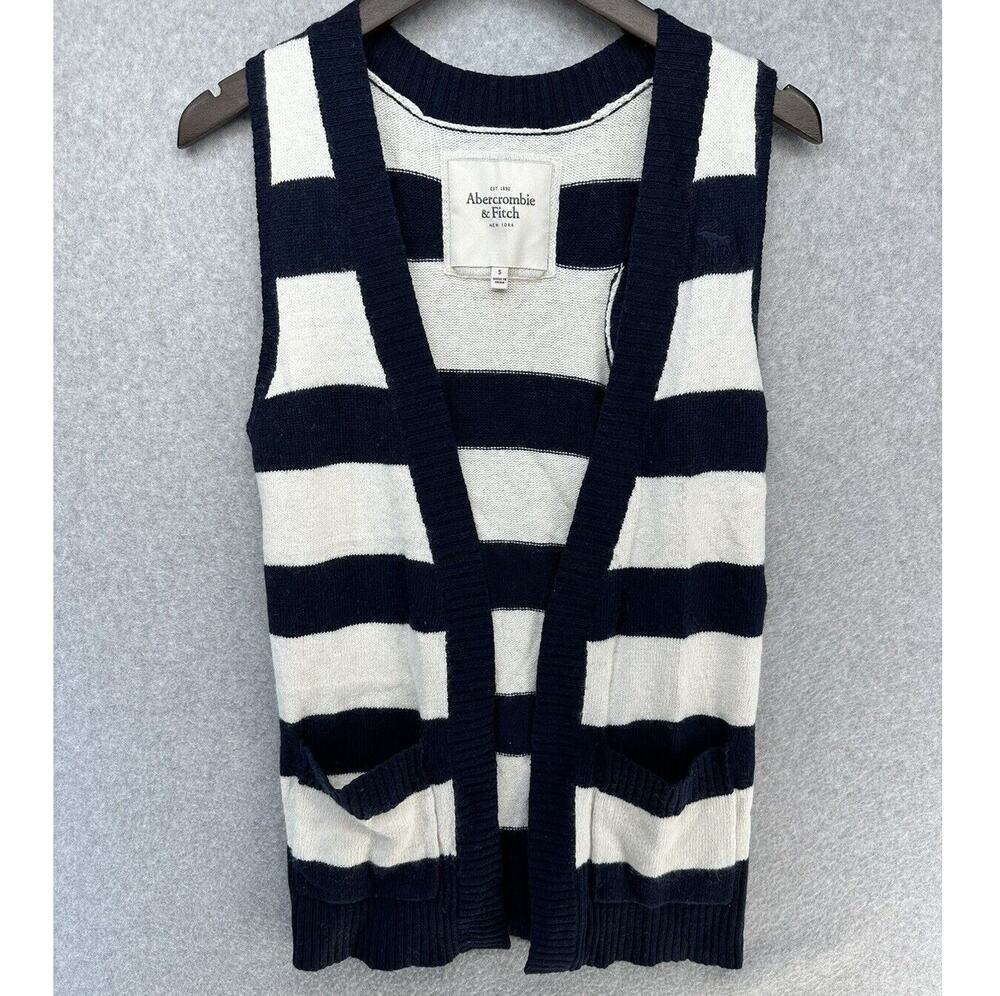 Abercrombie & Fitch Womens Sweater Vest Cardigan Navy White Striped Open Front